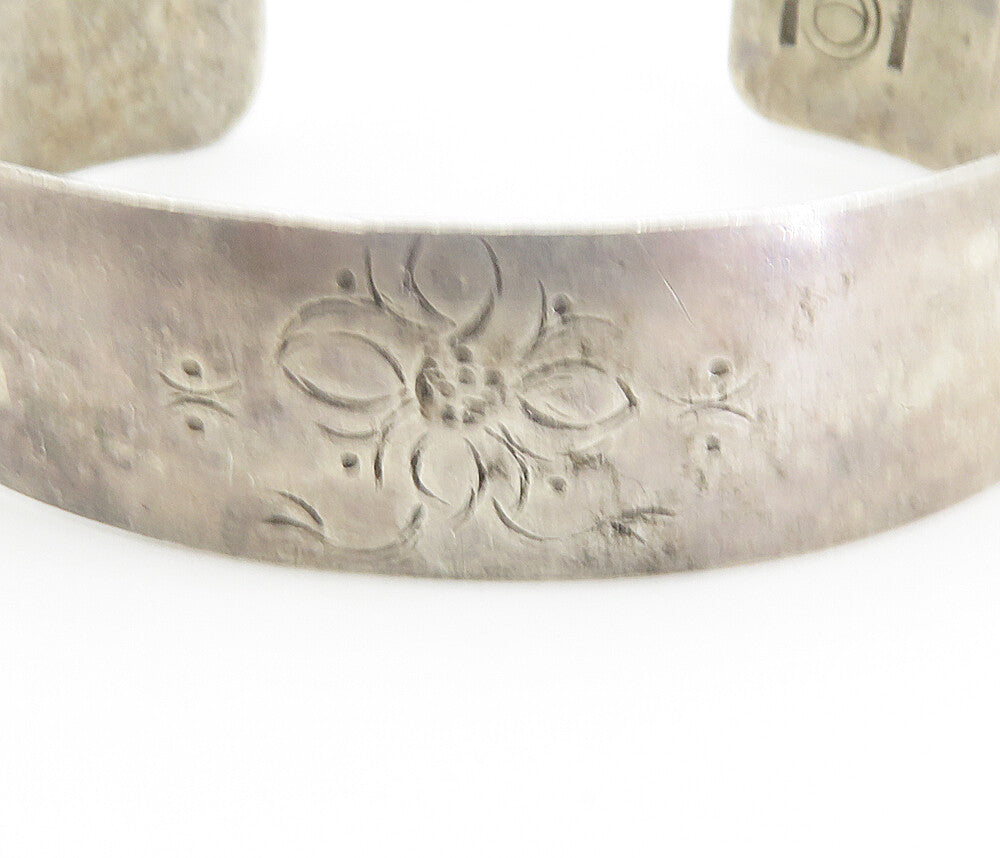 DESIGNER 925 Sterling Silver  Vintage Etched Flower Cuff Bracelet  BT3480