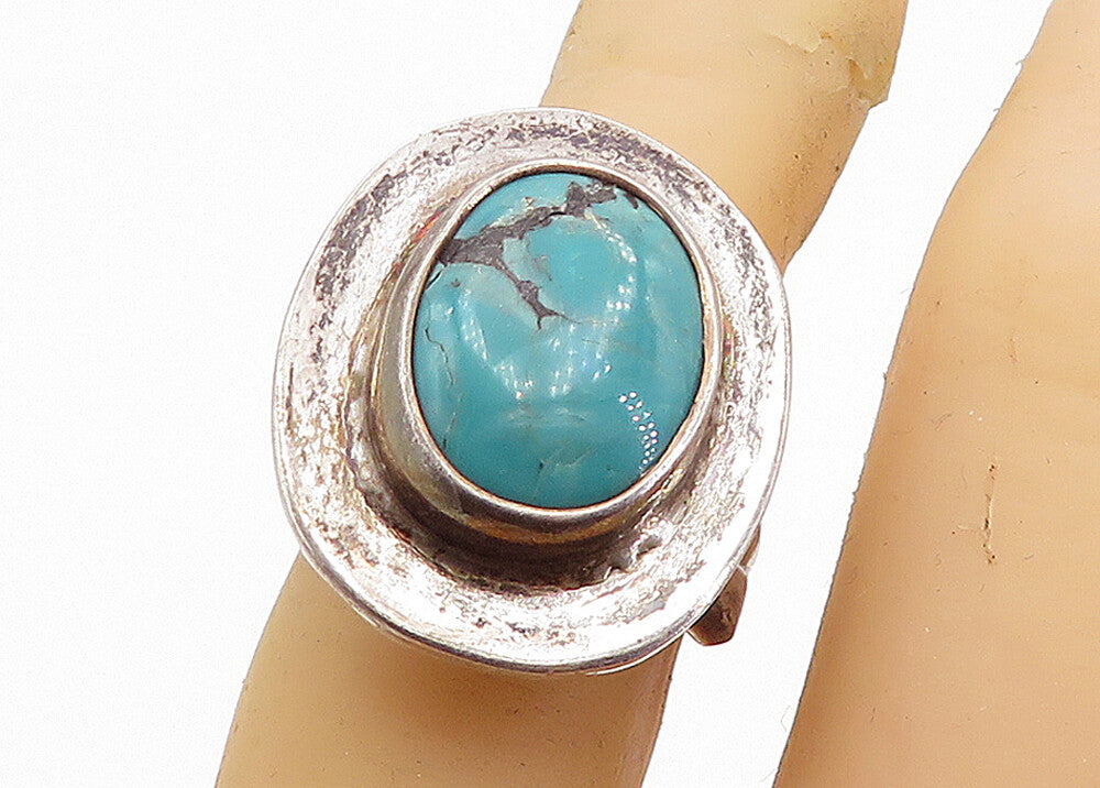 MEXICO 925 Silver  Vintage Turquoise Smooth Oval Cocktail Ring Sz 6  RG6942