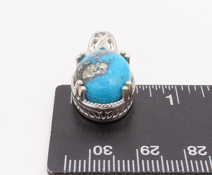 925 Sterling Silver Vintage Pendant Carved Diamonds & Oval Turquoise  PT23506