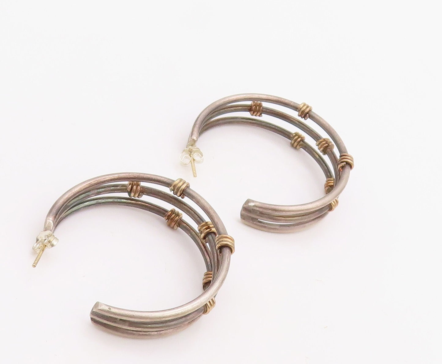 14k Gold 925 Sterling Silver Vintage Earrings Cutout Roped Open Hoops  EG13168