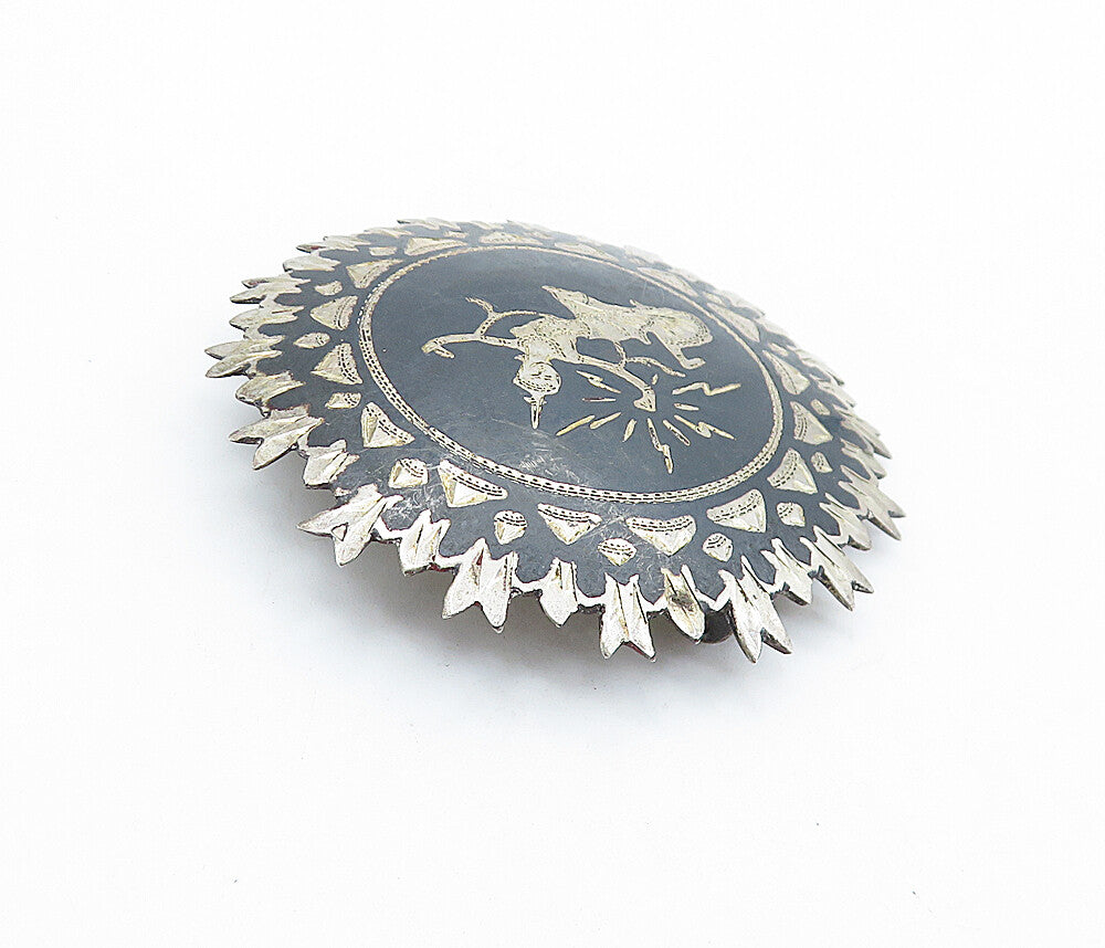 SIAM 925 Sterling Silver  Vintage Niello Dancer Round Brooch Pin  BP2462