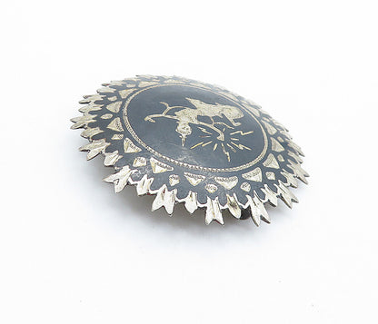 SIAM 925 Sterling Silver  Vintage Niello Dancer Round Brooch Pin  BP2462