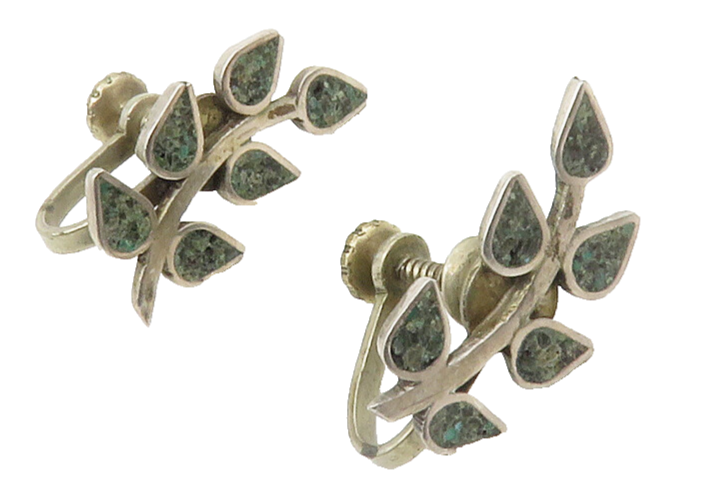 925 Sterling Silver  Vintage Turquoise Floral Vine Non Pierce Earrings  EG7395