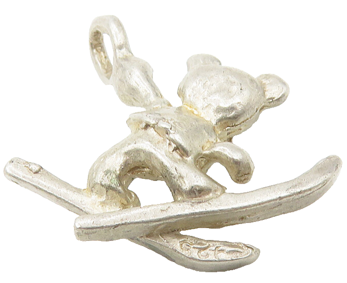 925 Sterling Silver  Vintage Petite Skiing Teddy Bear Drop Pendant  PT9344