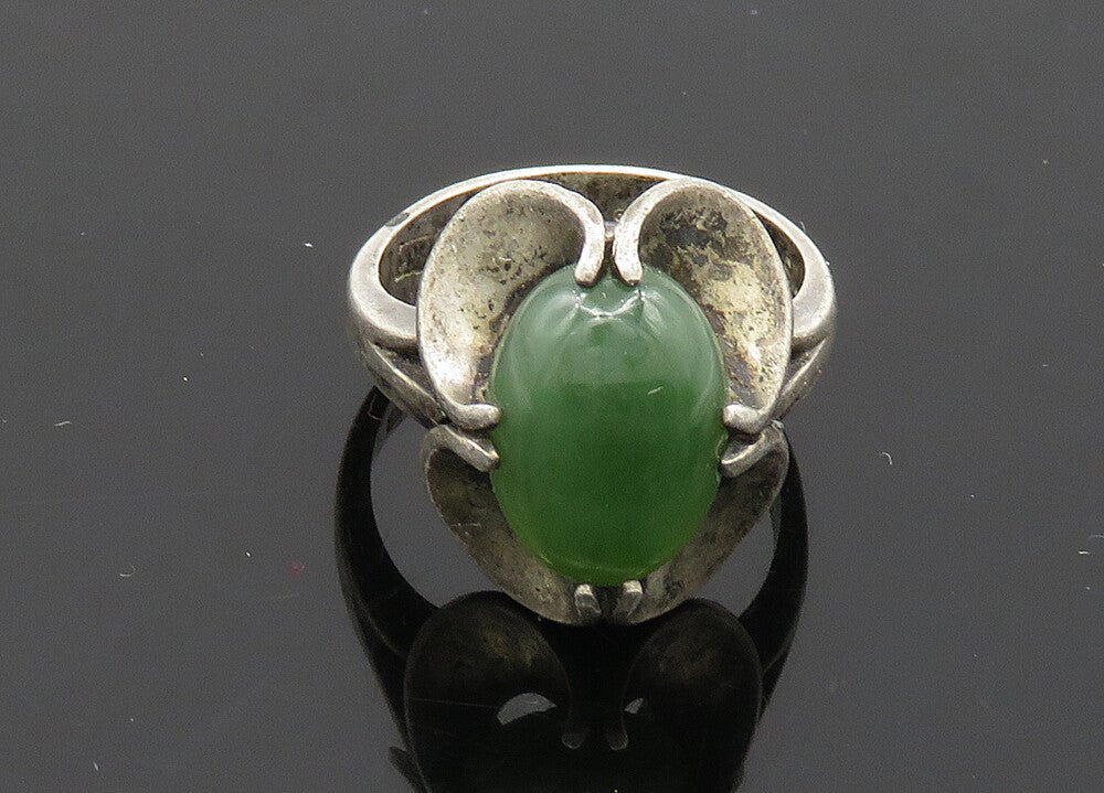 EUROPEAN 925 Silver  Vintage Antique Green Jasper Cocktail Ring Sz 8  RG20879