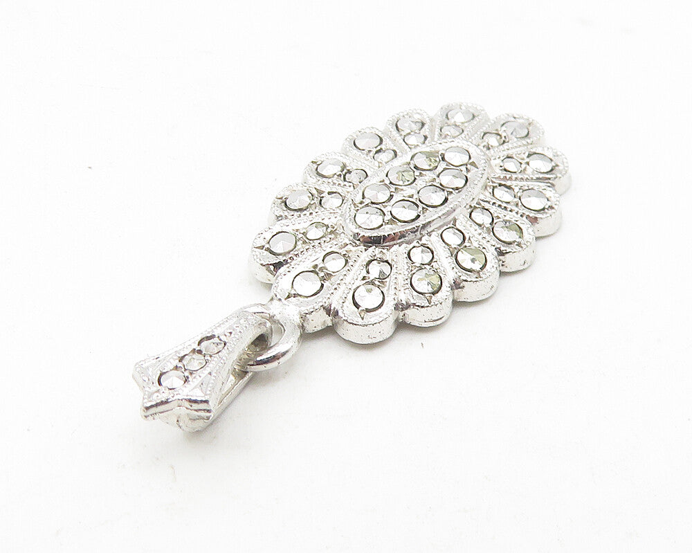 925 Sterling Silver  Vintage Sparkling Floral Motif Drop Pendant  PT9275