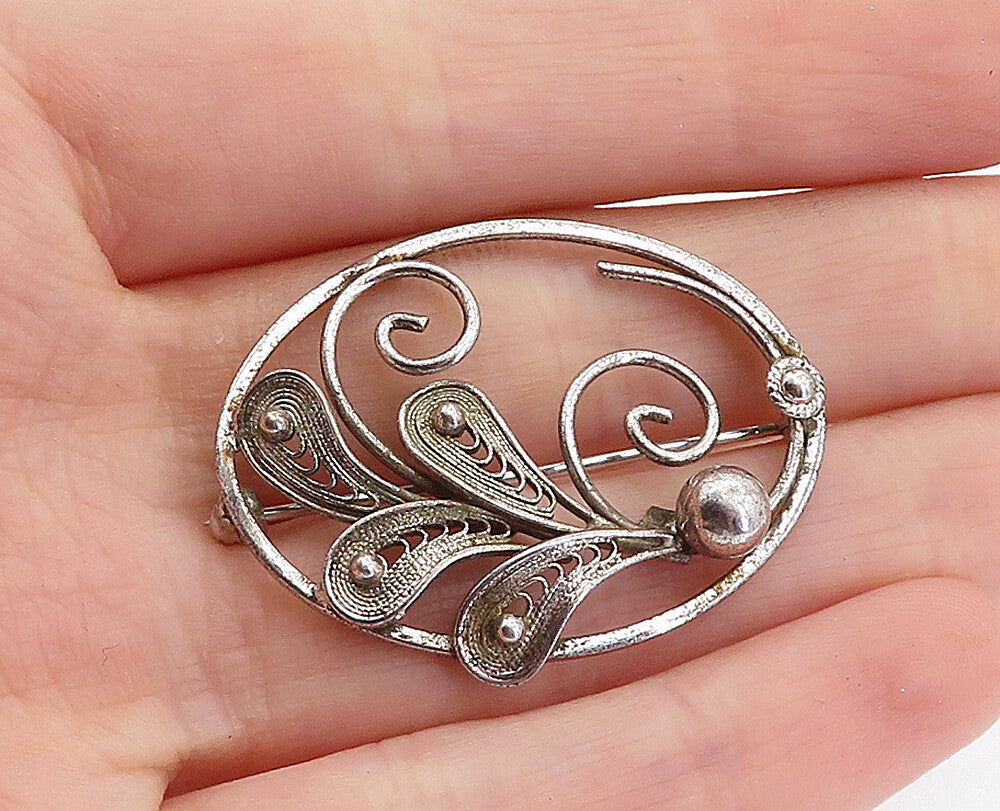 VAN DELL 925 Sterling Silver  Vintage Filigree Floral Swirl Brooch Pin  BP2526