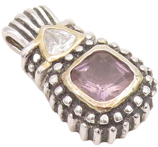 925 Sterling Silver Vintage Pendant Two Tone Square & Triangle CZ Carved PT23288