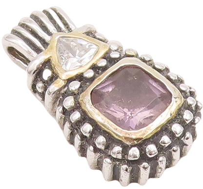 925 Sterling Silver Vintage Pendant Two Tone Square & Triangle CZ Carved PT23288