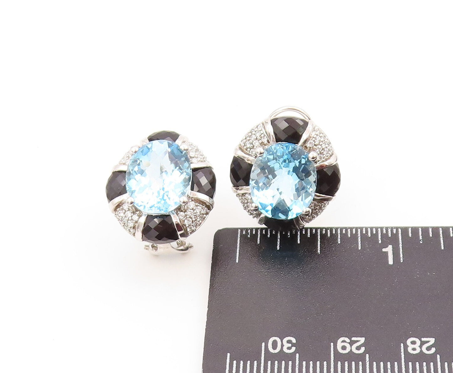925 Sterling Silver Vintage Earrings Oval Blue Topaz Halo Sapphire & CZ  EG13346