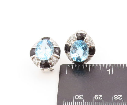 925 Sterling Silver Vintage Earrings Oval Blue Topaz Halo Sapphire & CZ  EG13346