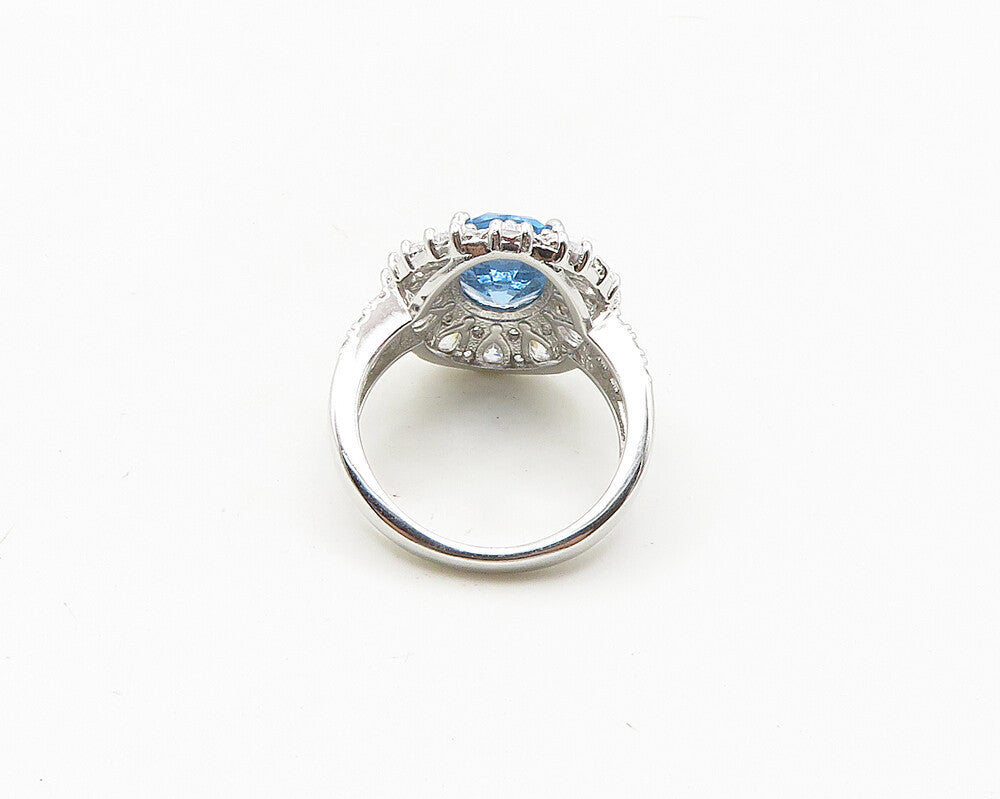 925 Sterling Silver  Shiny Blue & White Topaz Cocktail Ring Sz 9  RG18775