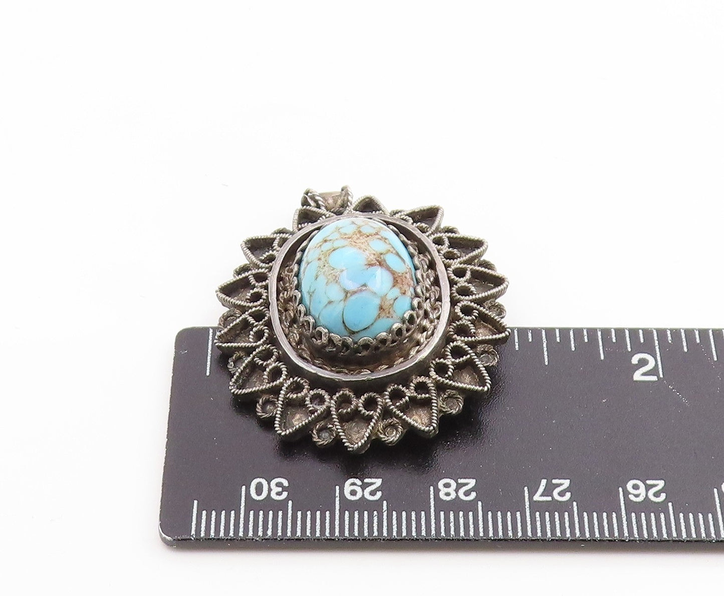 925 Sterling Silver Vintage Brooch ISRAEL Cabochon Turquoise Floral Pin  BP12423