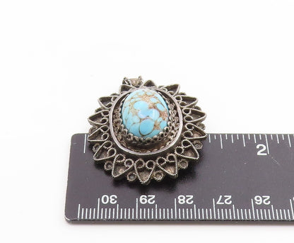925 Sterling Silver Vintage Brooch ISRAEL Cabochon Turquoise Floral Pin  BP12423