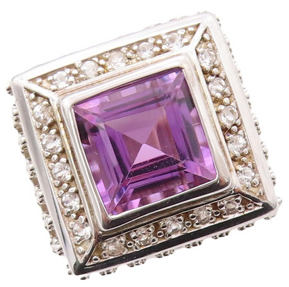 925 Sterling Silver Vintage Ring Swirly Carved Square Cut Amethyst Sz 7  RG30831