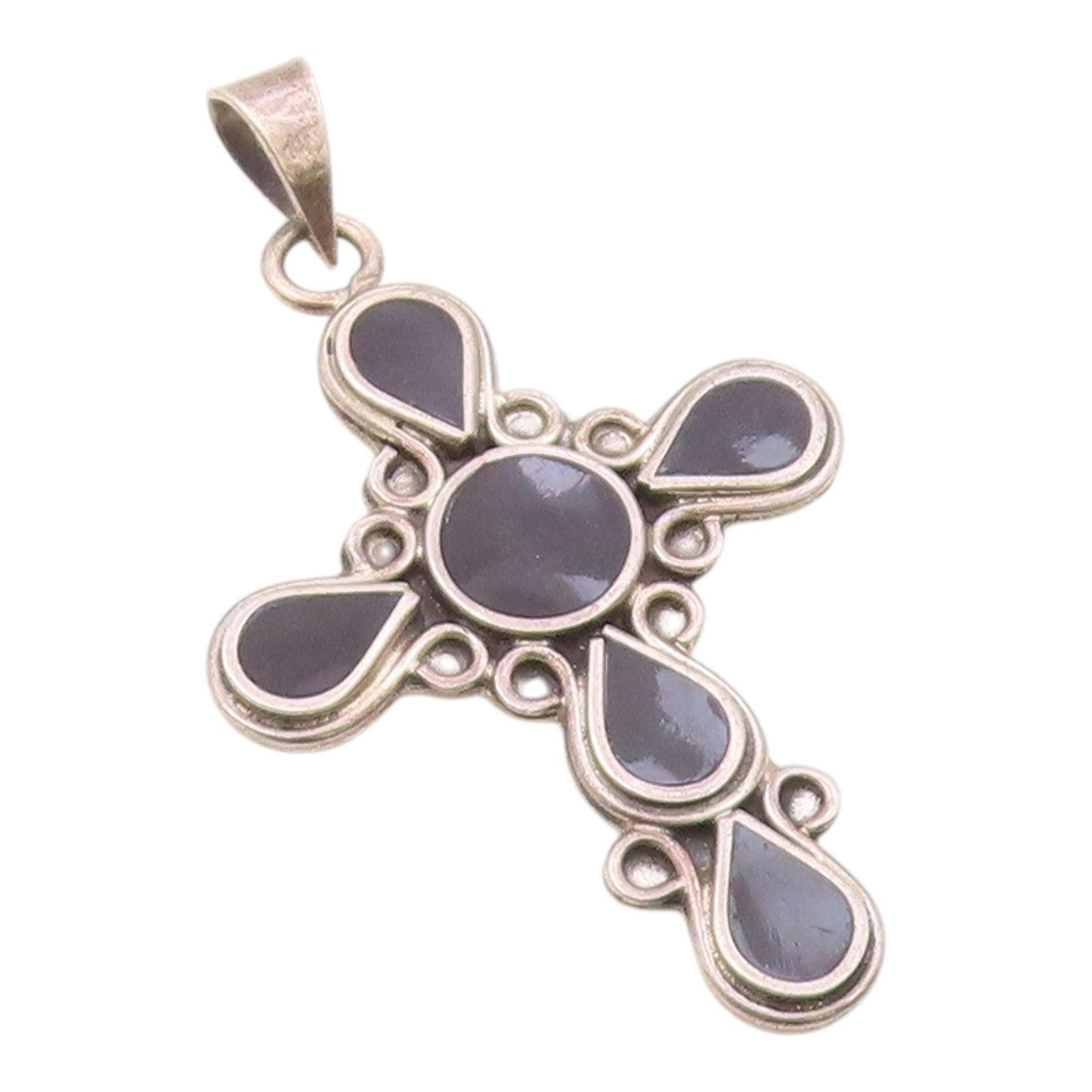 MEXICO 925 Silver  Vintage Inlaid Black Onyx Religious Cross Pendant  PT20794