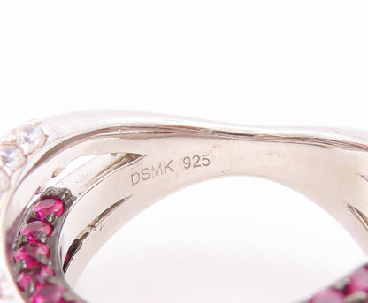925 Sterling Silver Vintage Ring Modernist Pink & White Topaz Bands Sz 7 RG29792