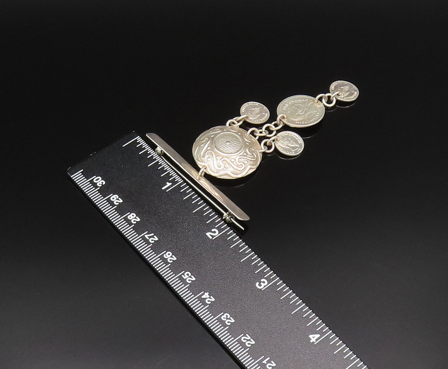 MEXICO 925 Silver  Vintage Swirl Dome Coin Chain Dangle Brooch Pin  BP9894