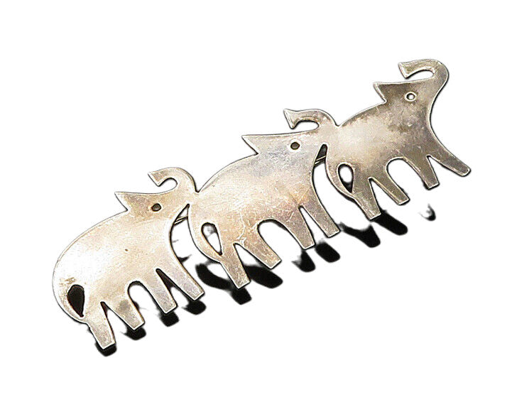 MEXICO 925 Silver  Vintage Triple Elephant Silhouette Brooch Pin  BP8250