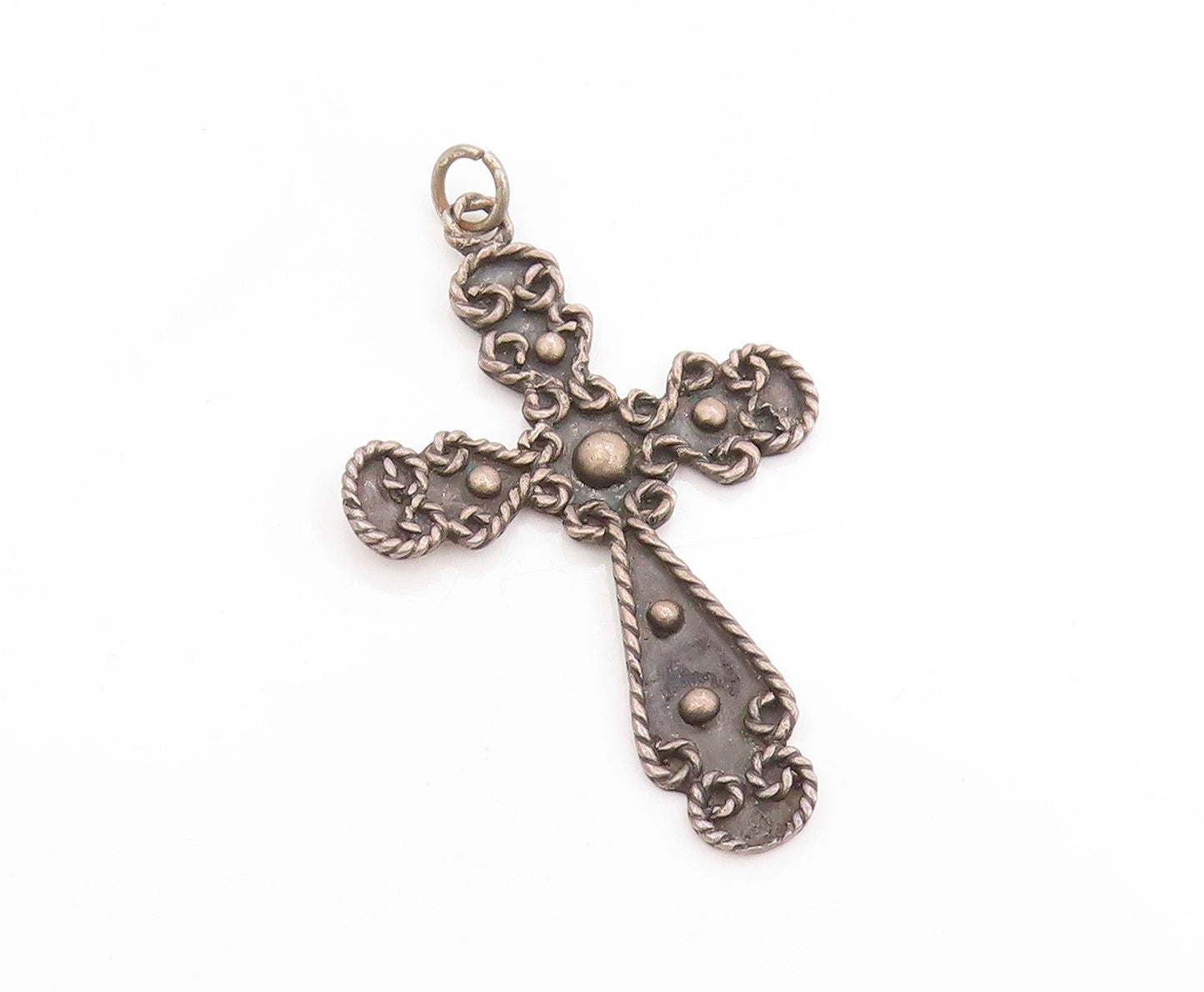 925 Sterling Silver Vintage Pendant Dark Tone Rope Edged Religious Cross PT25031