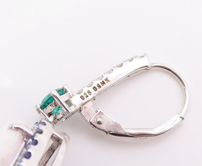 925 Sterling Silver Vintage Earrings Oval Opal Halo Sapphire 2 Tone CZ  EG13405