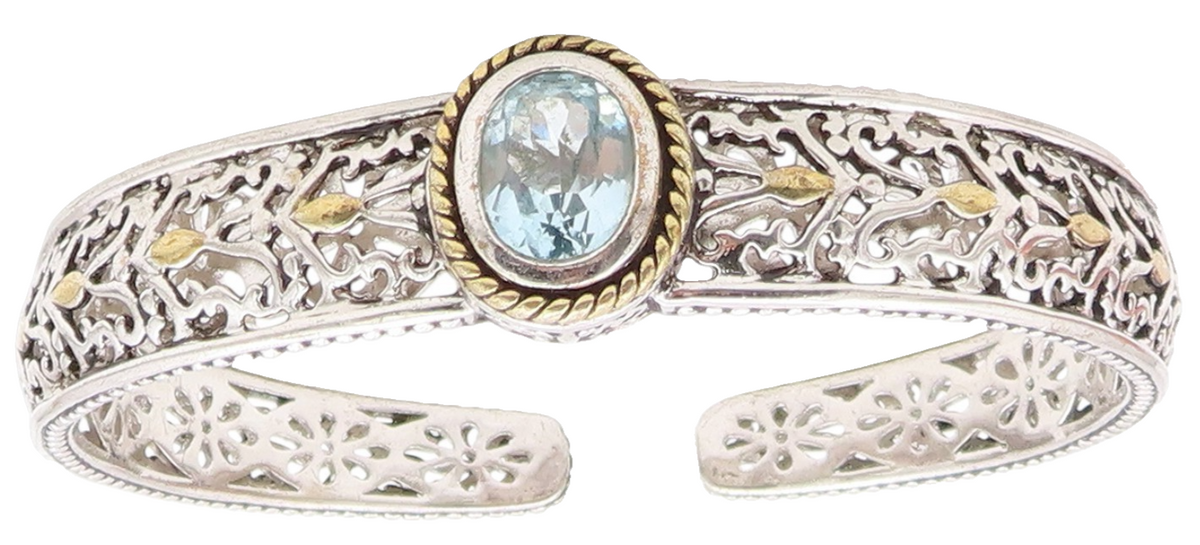 925 Sterling Silver Vintage Bracelet Two Tone Blue Topaz Openwork Cuff  BT11892