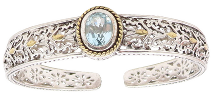 925 Sterling Silver Vintage Bracelet Two Tone Blue Topaz Openwork Cuff  BT11892