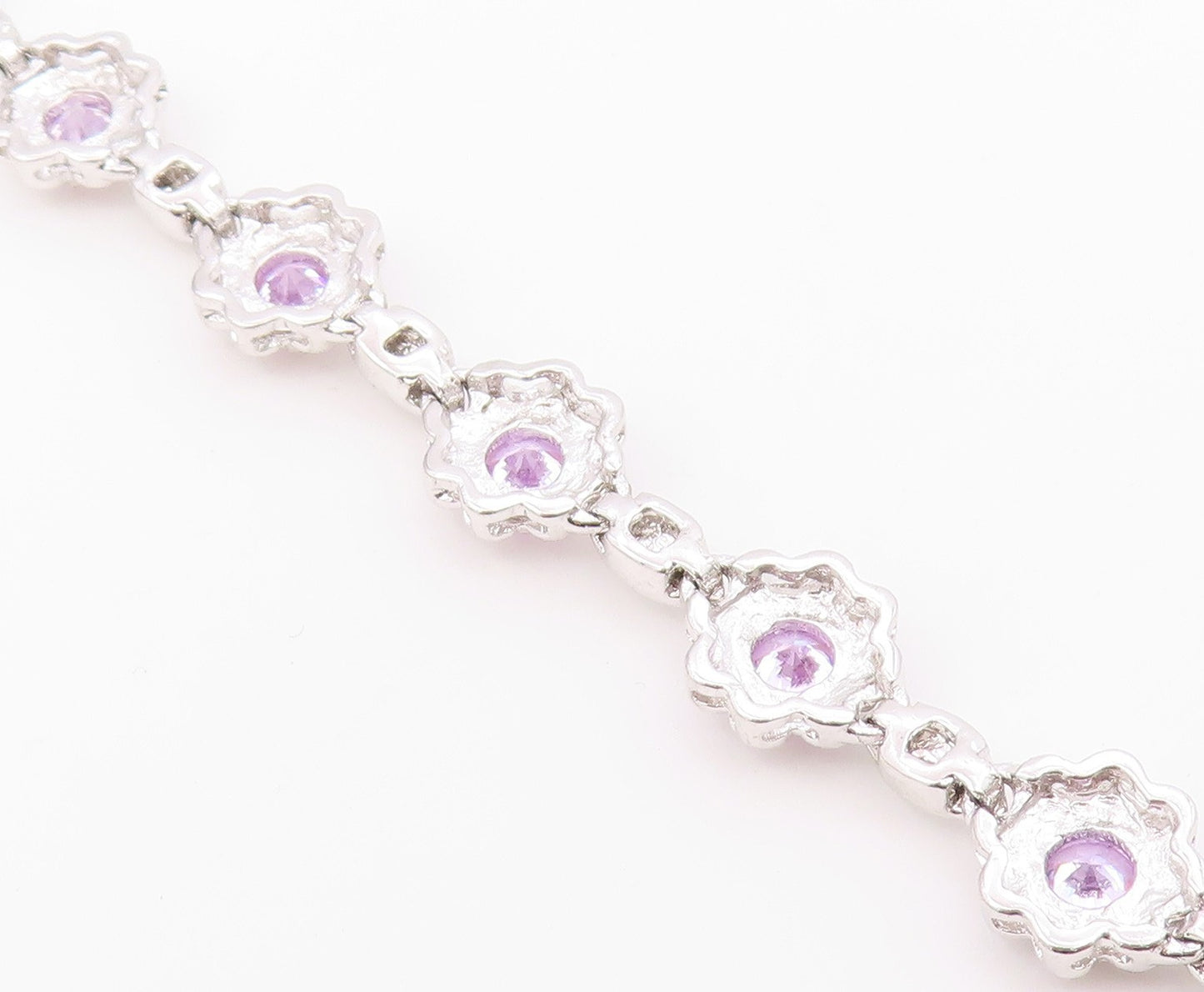 925 Sterling Silver  Shiny Purple Cubic Zirconia Floral Chain Bracelet  BT7364