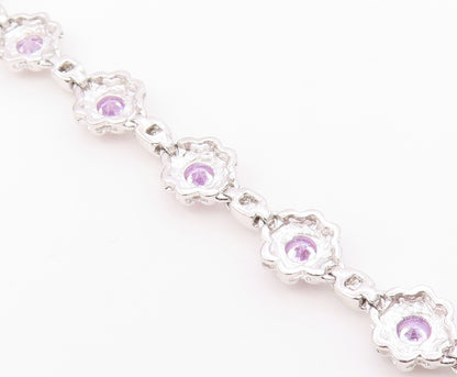 925 Sterling Silver  Shiny Purple Cubic Zirconia Floral Chain Bracelet  BT7364
