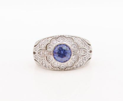 925 Sterling Silver Vintage Ring Floral Carved Blue & White CZ  Sz 7  RG29547