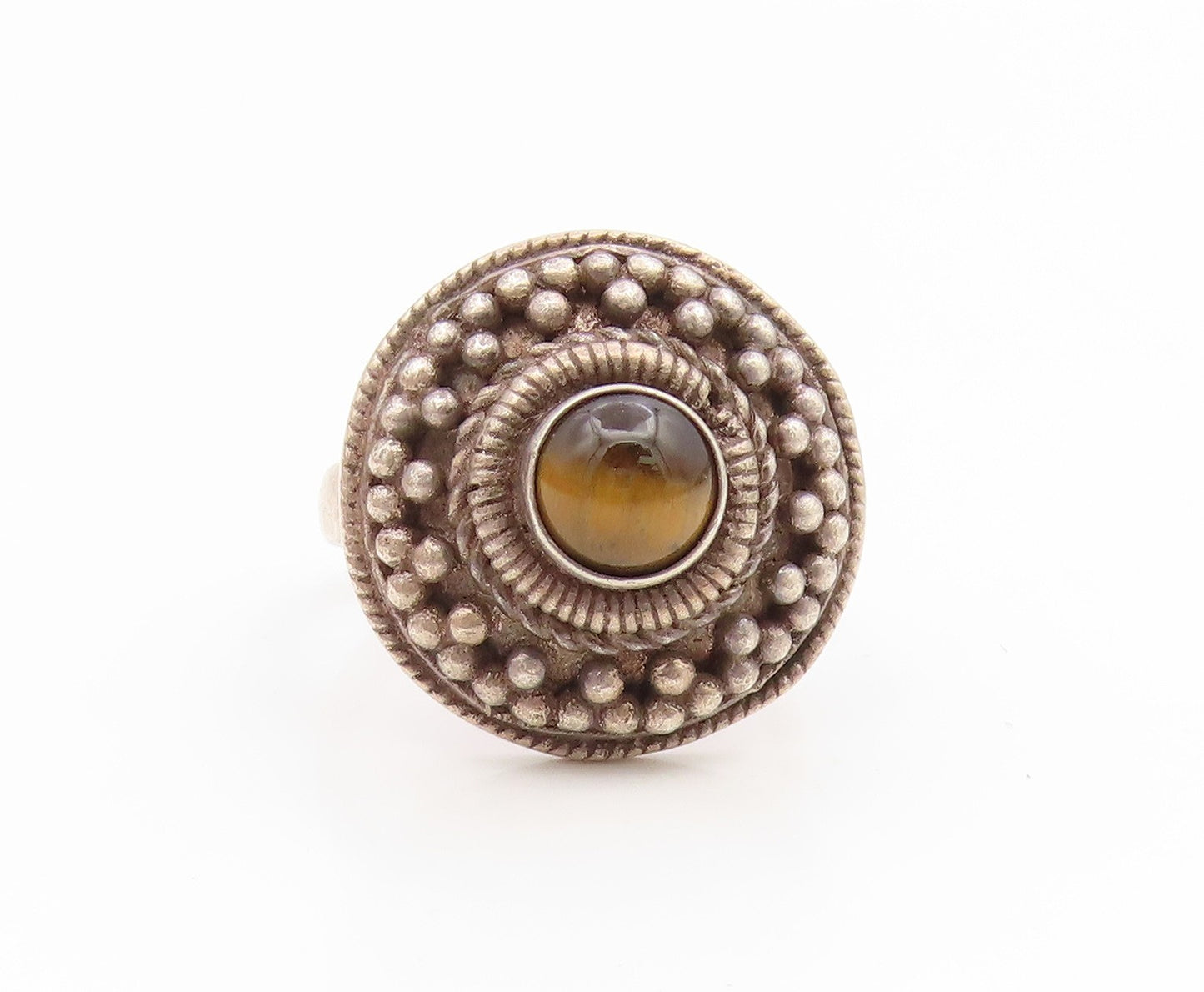 925 Sterling Silver Vintage Ring Round Tiger's Eye Beaded Dome  Sz 8.5  RG35247