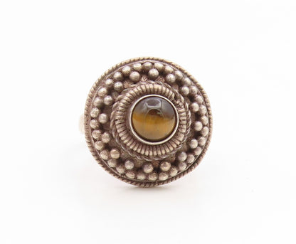 925 Sterling Silver Vintage Ring Round Tiger's Eye Beaded Dome  Sz 8.5  RG35247