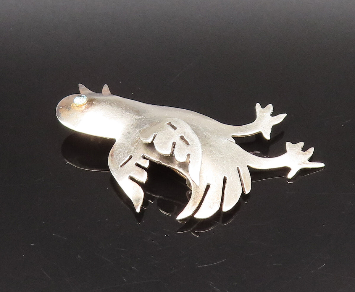 925 Silver  Vintage Carved Baby Bird With Blue Topaz Eye Brooch Pin  BP10068