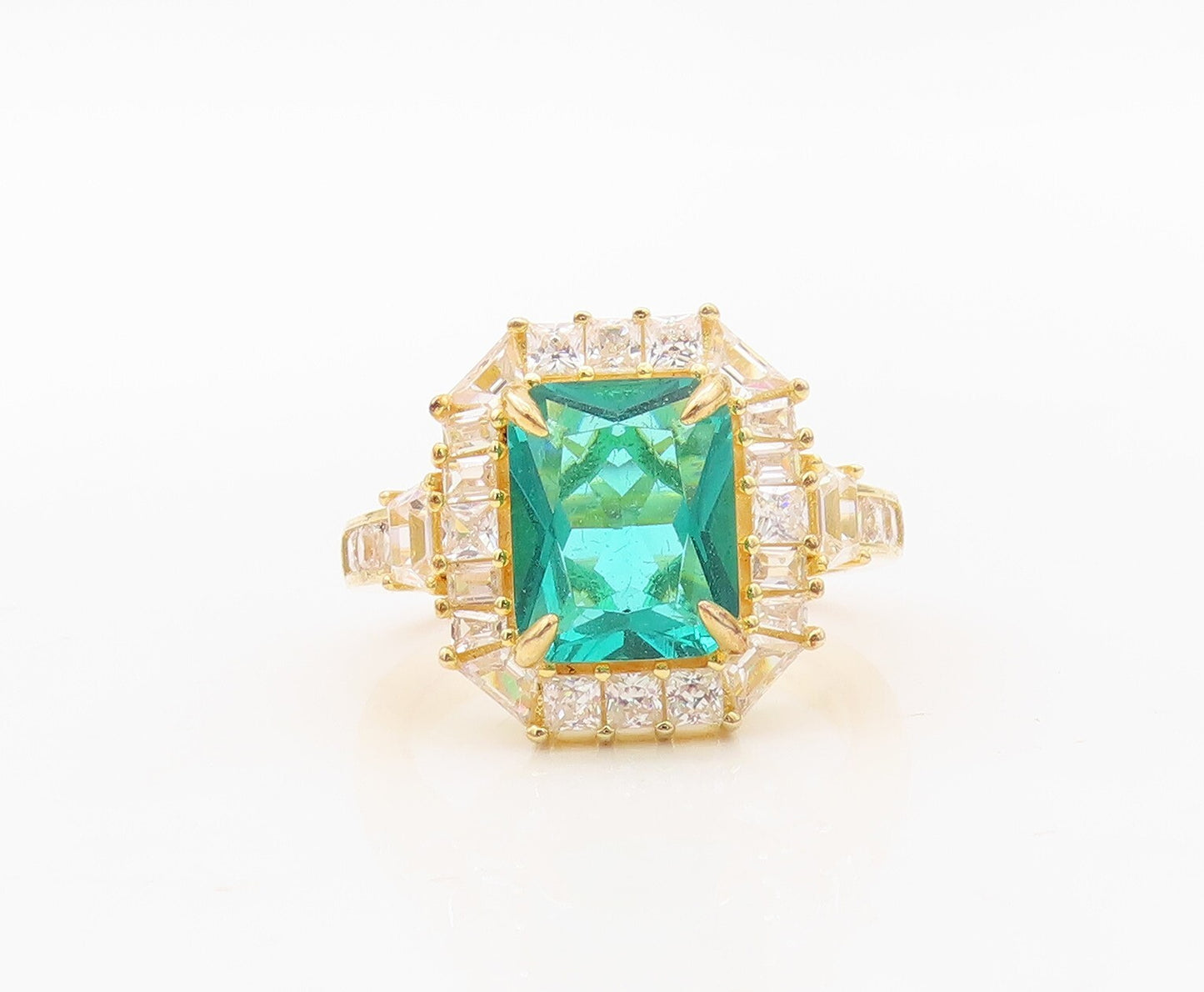 925 Sterling Silver Vintage Ring Gold Plated Sea Green & White CZ Sz 7.5 RG30245