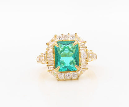 925 Sterling Silver Vintage Ring Gold Plated Sea Green & White CZ Sz 7.5 RG30245