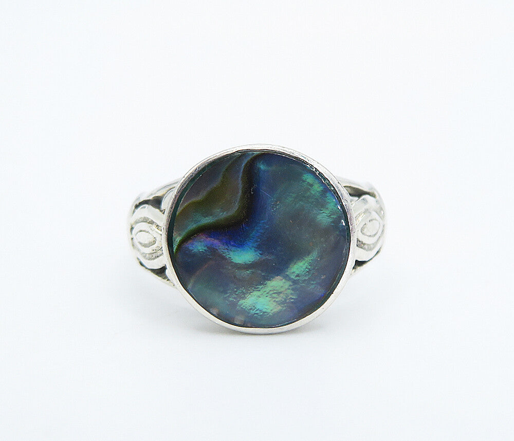 925 Sterling Silver  Inlaid Abalone Shell Shiny Solitaire Ring Sz 6.5  RG8591
