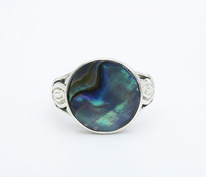 925 Sterling Silver  Inlaid Abalone Shell Shiny Solitaire Ring Sz 6.5  RG8591