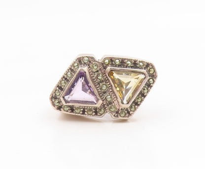 925 Sterling Silver Vintage Ring Amethyst & Citrine Geometric Band Sz 6 RG35175