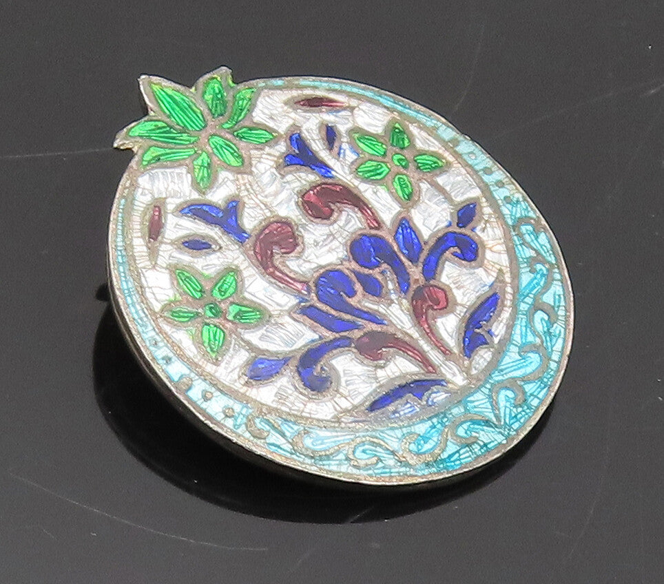 925 Sterling Silver  Vintage Enamel Painted Plant Round Pendant  PT22391