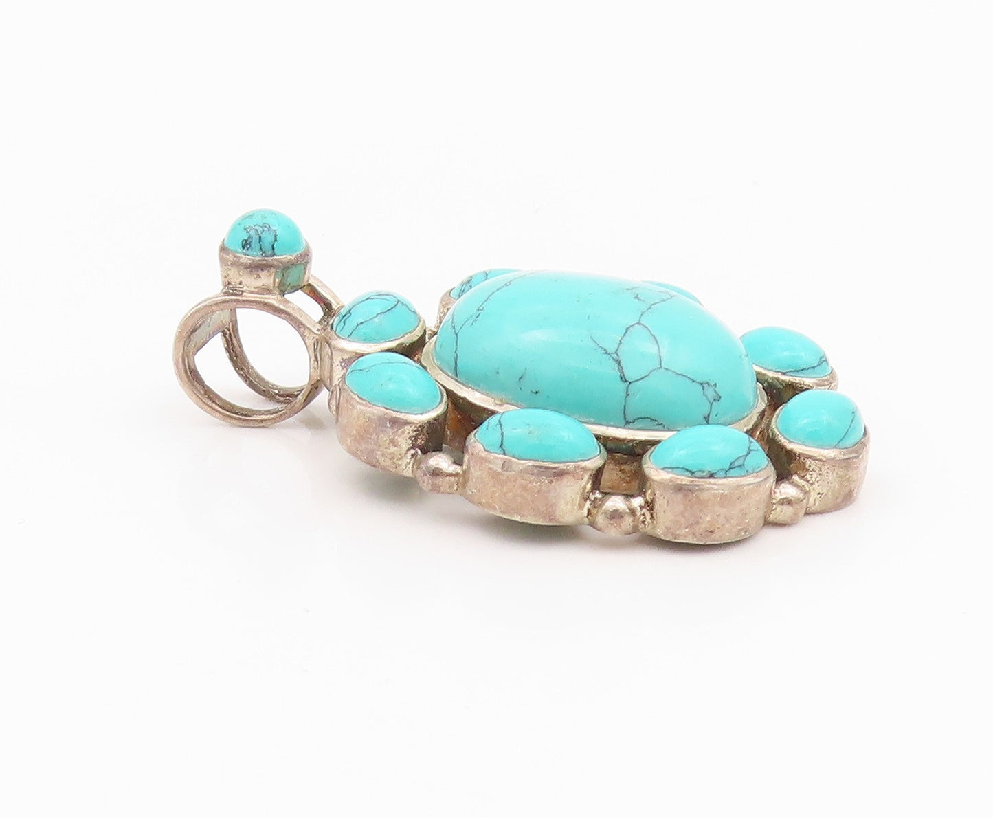 925 Sterling Silver Vintage Pendant Oval Cabochon Turquoise Flower  PT24312