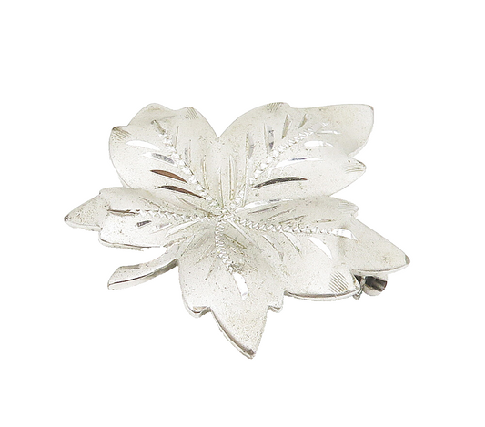 THEDA 925 Sterling Silver   Vintage Shiny Etched Floral Leaf Brooch Pin BP6624