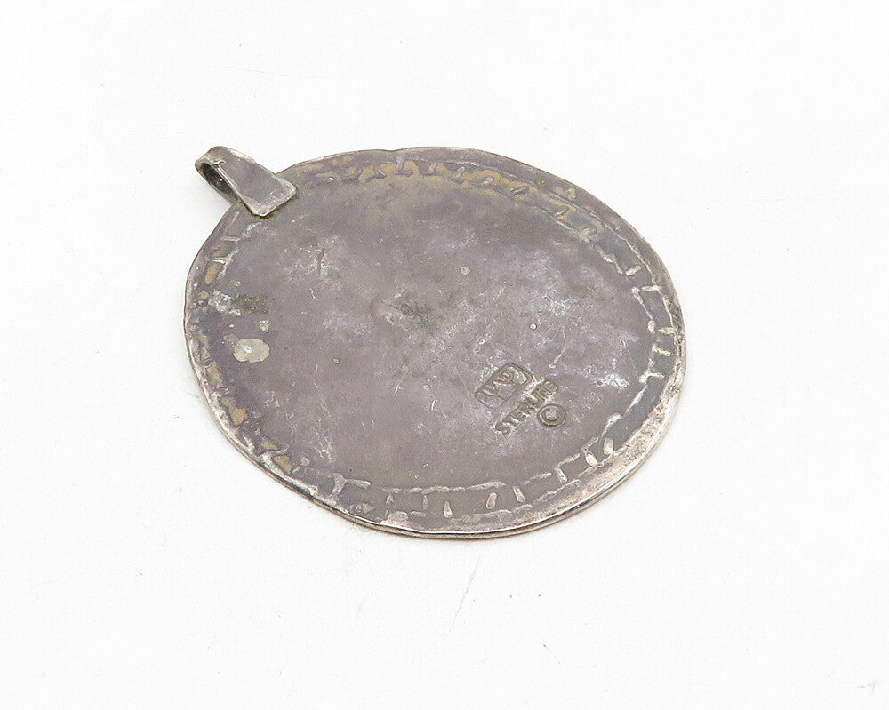 925 Sterling Silver  Vintage Antique Dark Tone Chiseled Border Pendant  PT7394
