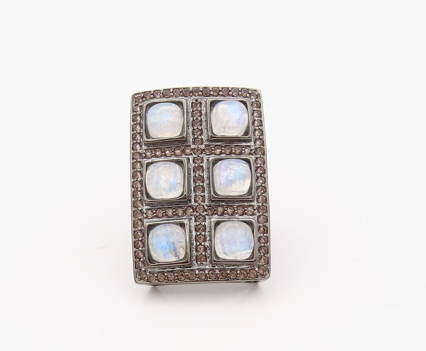 925 Sterling Silver Vintage Ring Rectangular Smoky Quartz Moonstone Sz 7 RG30800