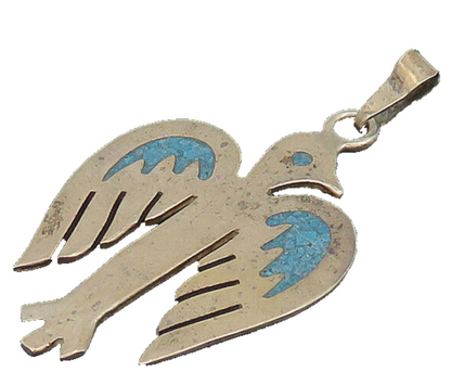 MEXICO 925 Sterling Silver Vintage Inlaid Turquoise Bird Motif Pendant PT18571