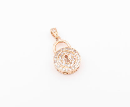 925 Silver  Vintage Cubic Zirconia Rose Gold Plated Pad Lock Pendant  PT17772