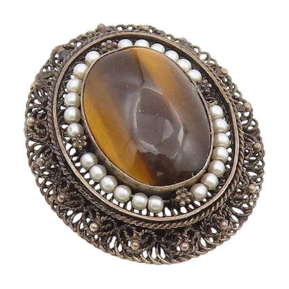925 Sterling Silver Vintage Brooch Cabochon Tiger's Eye & Pearl Pin  BP12091