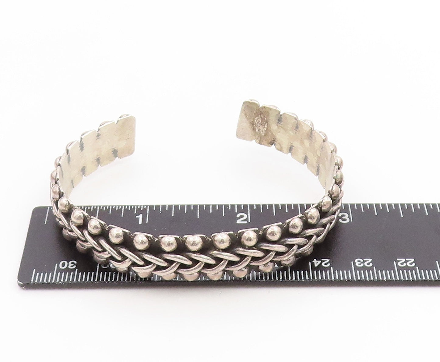 925 Sterling Silver Vintage Bracelet MEXICO Basket Weave & Beaded Cuff  BT11773
