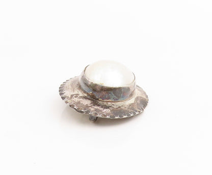 925 Sterling Silver Vintage Brooch NAKAI NAVAJO Oval Mother Of Pearl Pin BP11972