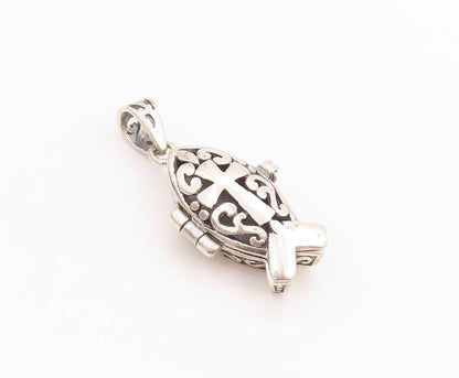 925 Sterling Silver Vintage Pendant Etched Swirly Cross Fish Box Charm  PT24583
