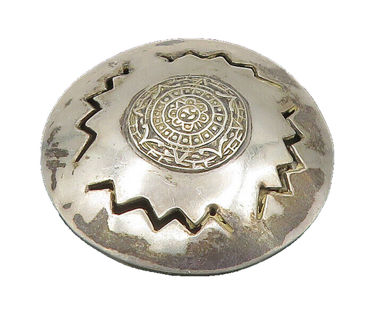 MEXICO 925 Silver  Vintage Mayan Aztec Sun Calendar Cutout Brooch Pin  BP8339